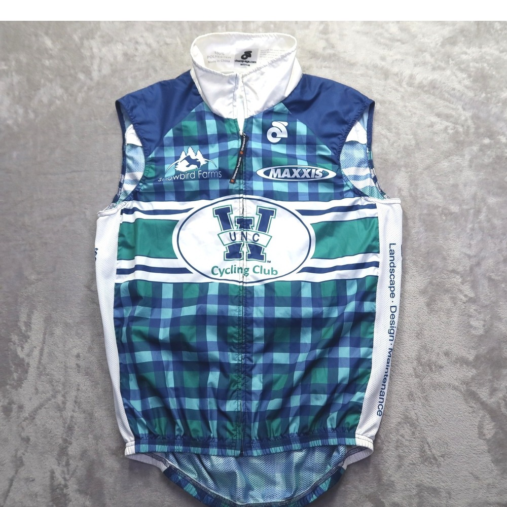 Champion System UNCW‎ Cycling Club Jersey Vest Blue Green Plaid Full Zip Men's M